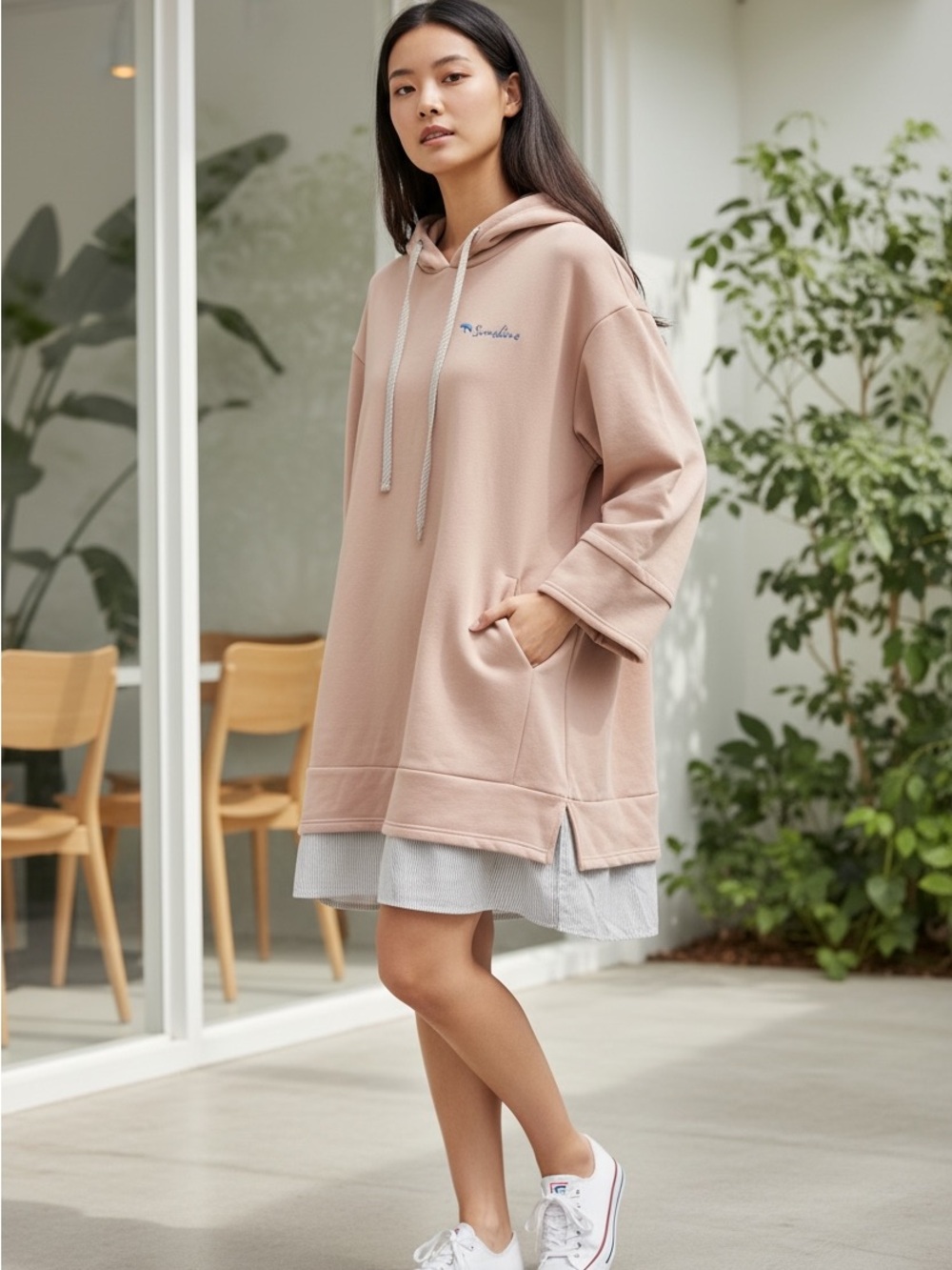 Beige Layered Hoodie with Striped Hem